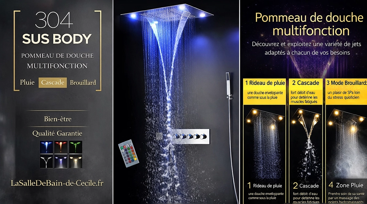 Ciel de pluie encastré Kyoto 800x600 chrome LED Bluetooth
